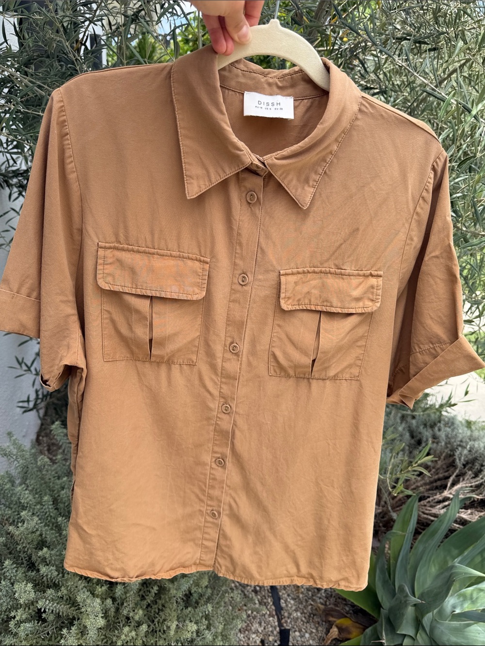 DISSH Short-Sleeve Button-Down Shirt in Camel Brown